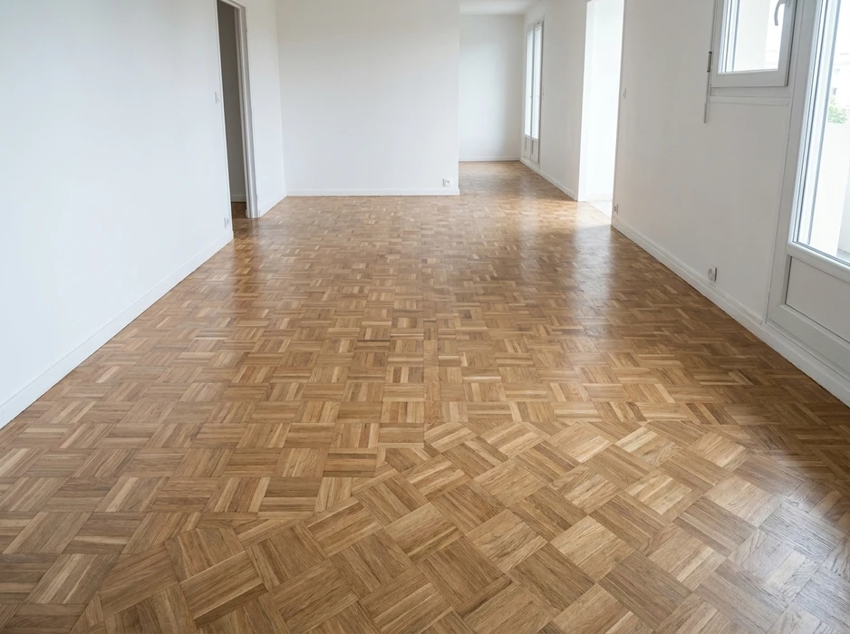 Pièce vide avec parquet en chêne massif, motif à bâtons rompus (disposition en vannerie)