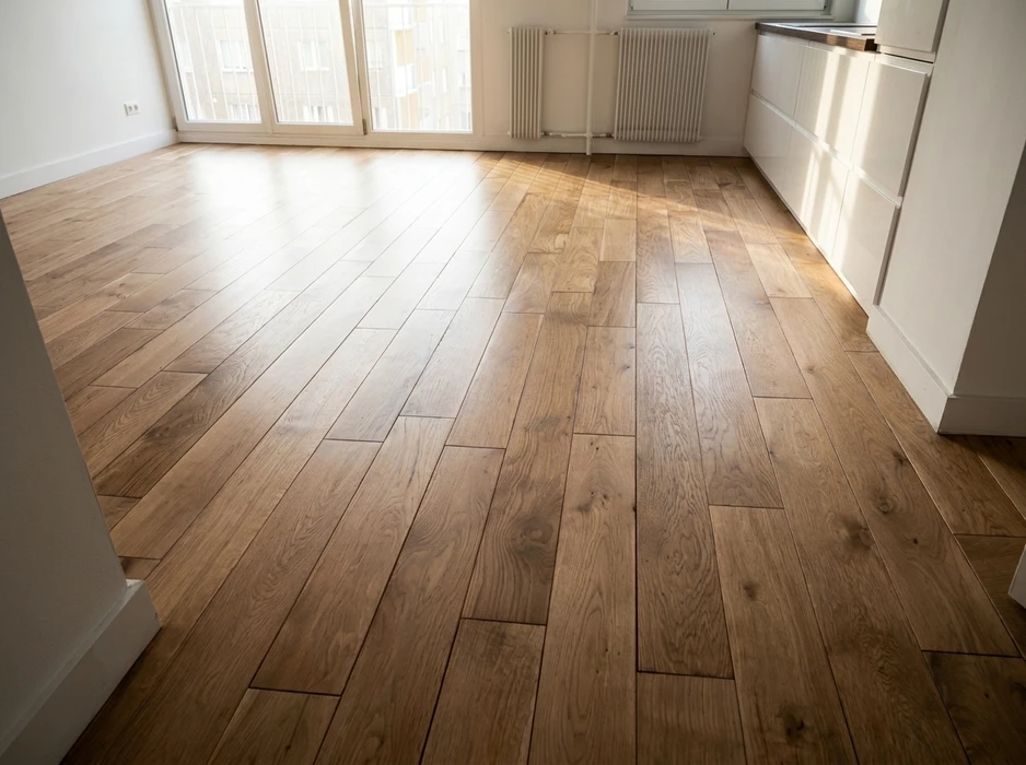 Pièce vide lumineuse avec parquet en chêne massif, pose à l'anglaise en lames larges