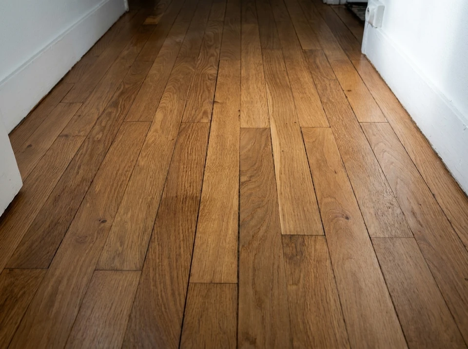 Couloir intérieur avec parquet en bois massif de chên, teinte miel dorée