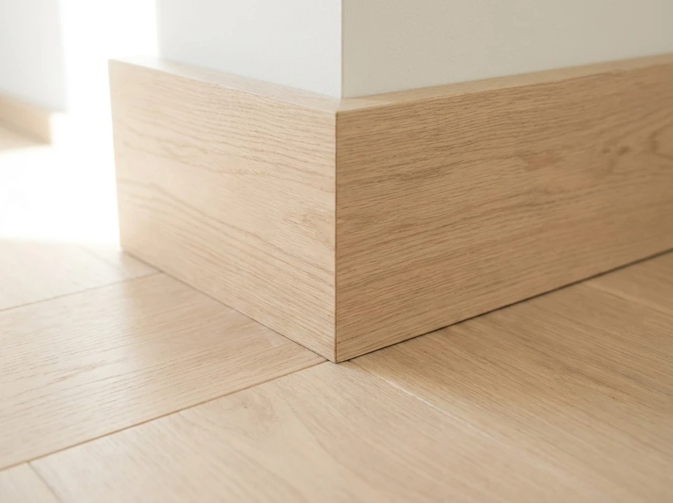 Pièce vide avec parquet en bois massif poncé et vitrifié, teinte miel dorée